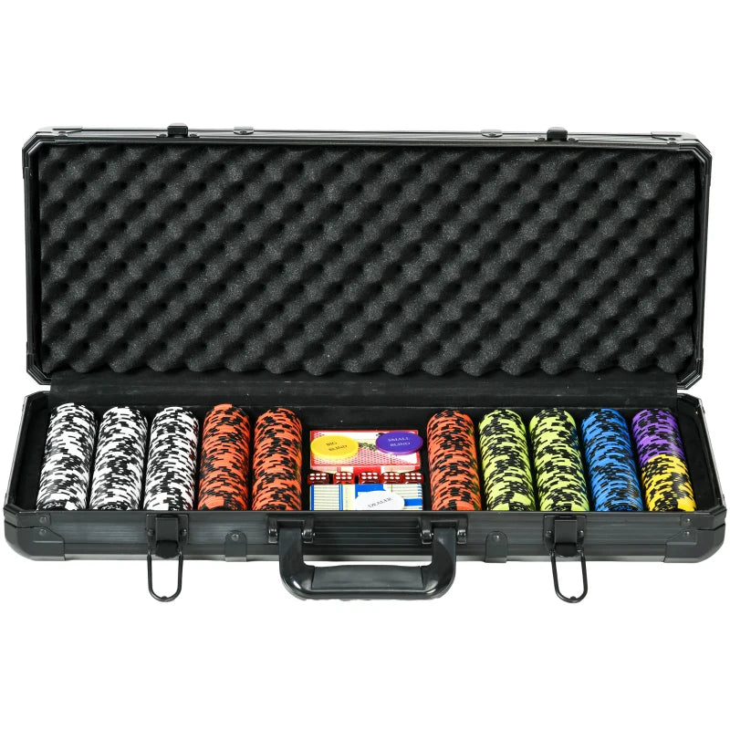 Black poker chip case with assorted poker chips inside on a white background
