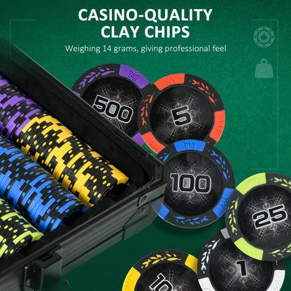 Casino-quality clay chips with numbers and colors on a green background