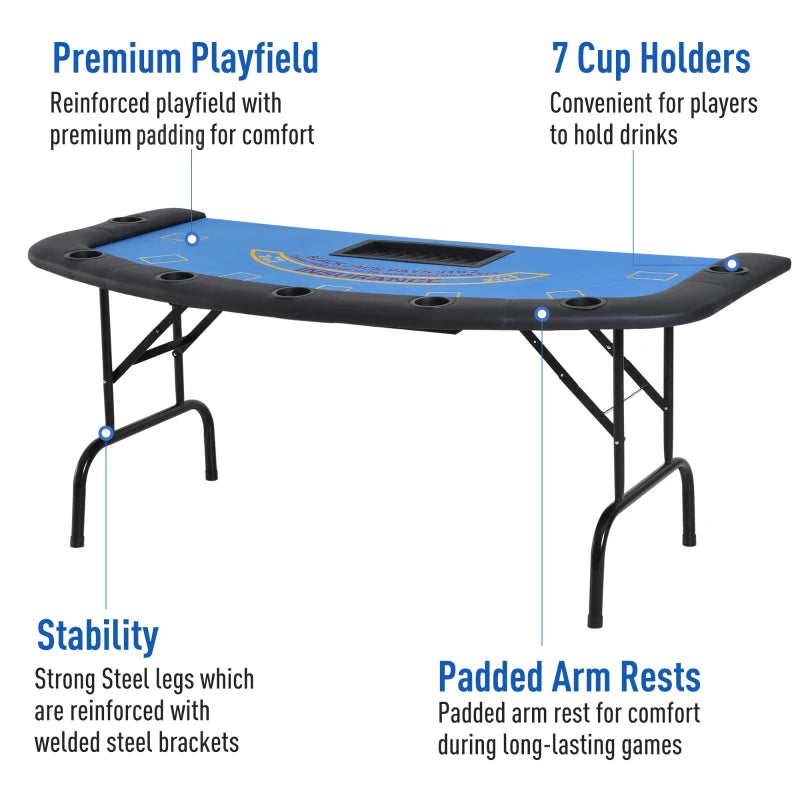 Soozier Poker Table Foldable, 72" Blackjack Table for 7 Players Blue Felt