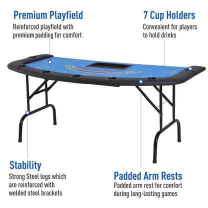 Soozier Poker Table Foldable, 72" Blackjack Table for 7 Players Blue Felt