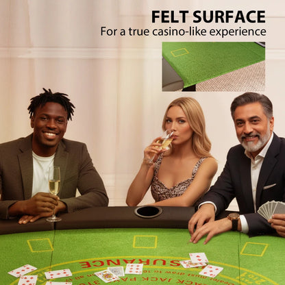 Three people at a casino table with cards and drinks, featuring text about felt surface.