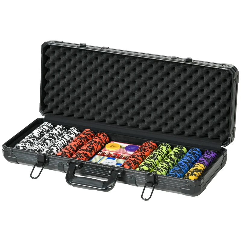 Black foam-lined case with poker chips of various colors on a white background