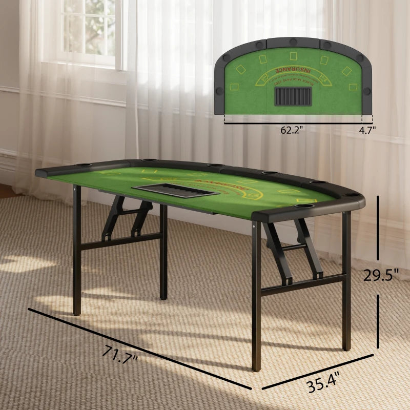 Green folding poker table with dimensions displayed on a beige carpeted floor.