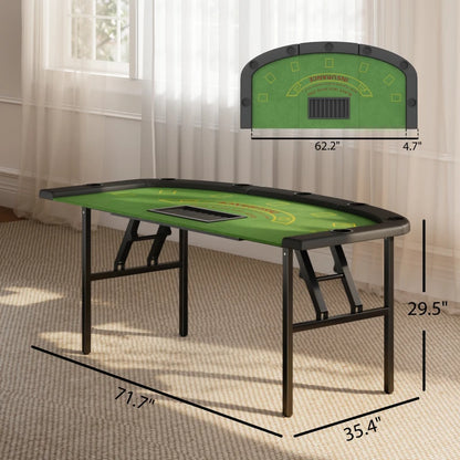 Green folding poker table with dimensions displayed on a beige carpeted floor.