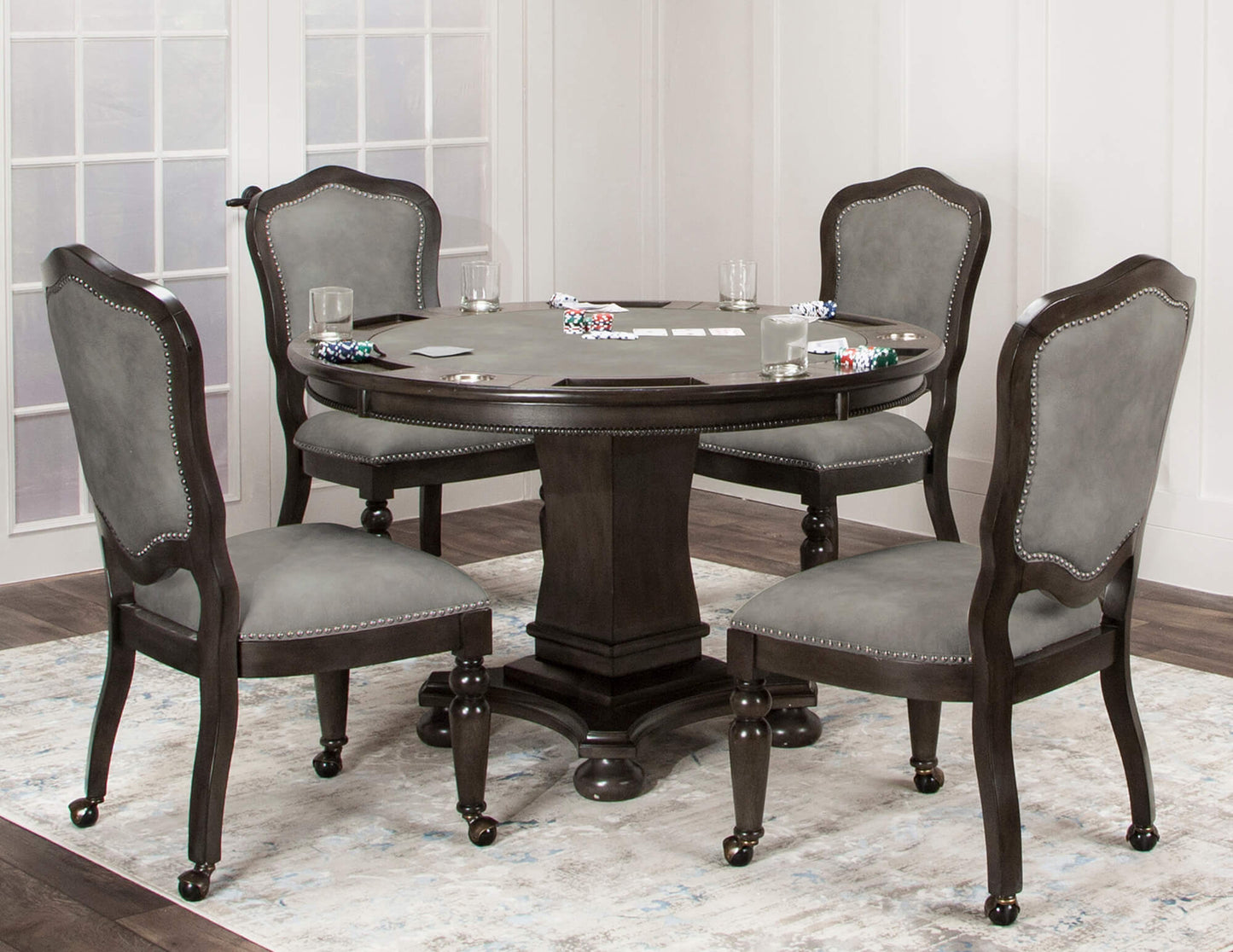 Vegas Dining and Poker table Set - Gray Wood (5 Piece)