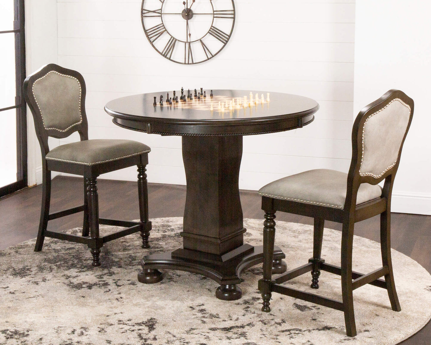 Vegas Counter Height Dining, Chess and Poker Table Set 42"- Distressed Gray Wood(3 Piece)