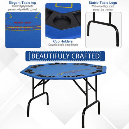 Soozier Poker Table Foldable, 47" Octagon Blackjack Poker Game Table Blue Felt