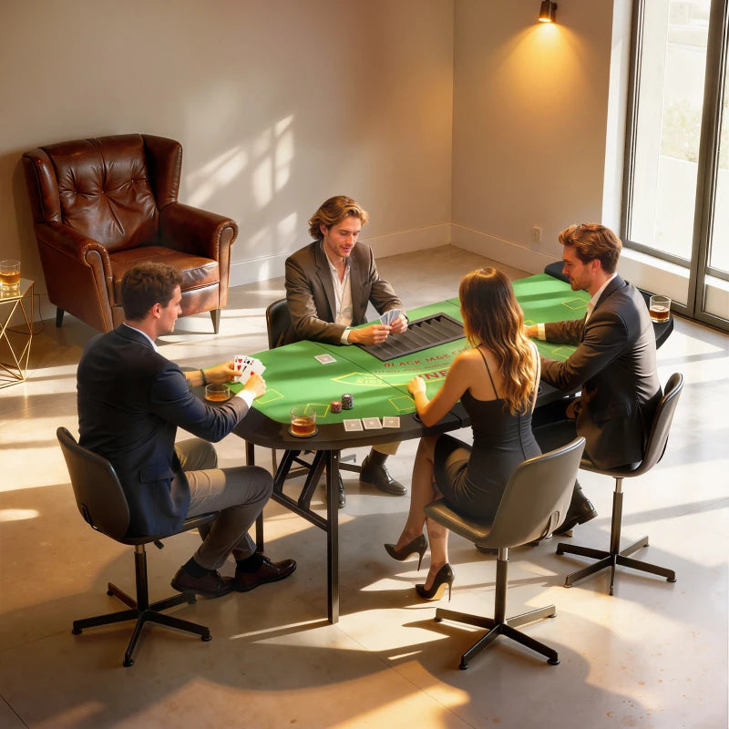 Four people playing poker at a table in a well-lit room with a leather chair and large window.