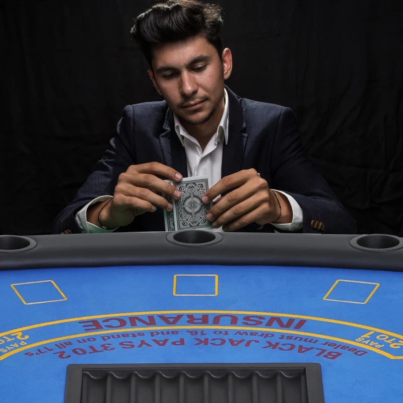 Soozier Poker Table Foldable, 72" Blackjack Table for 7 Players Blue Felt
