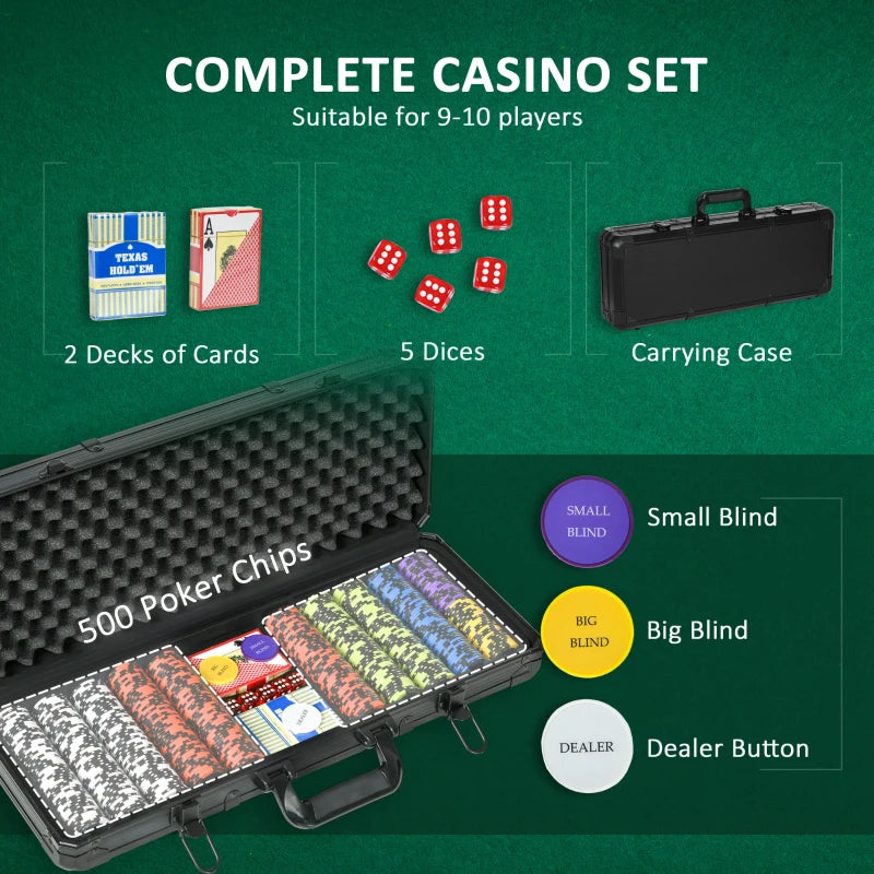 Complete casino set with cards, dice, chips, and carrying case on a green background