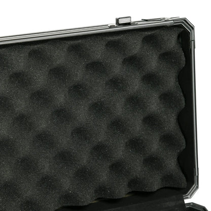 Black hard-shell case with textured foam interior on a white background