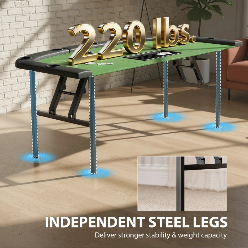 Dining table with gold '220 lbs.' text and independent steel legs in a room setting.