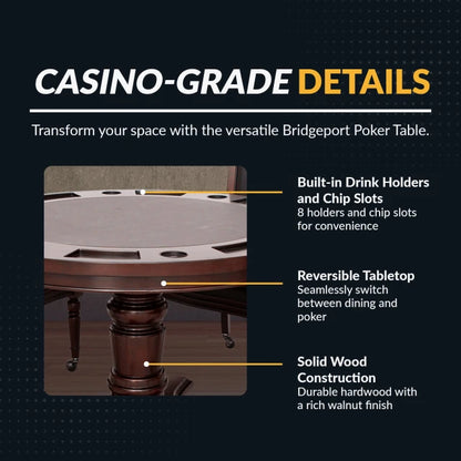 Bridgeport 48-in Poker Table and Dining Top with 4 Arm Chairs - Walnut Finish